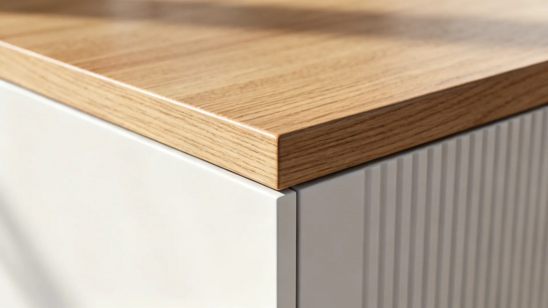 Macro of quarter-sawn white oak veneer with a matte UV-cured finish meeting a white cabinet.