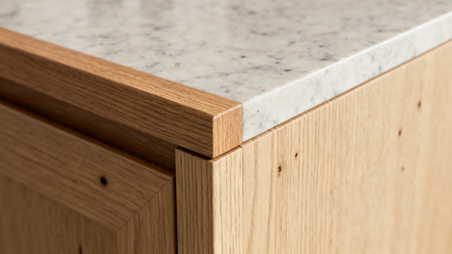 Macro of rift-cut oak veneer edge and quartz countertop with clean joinery.