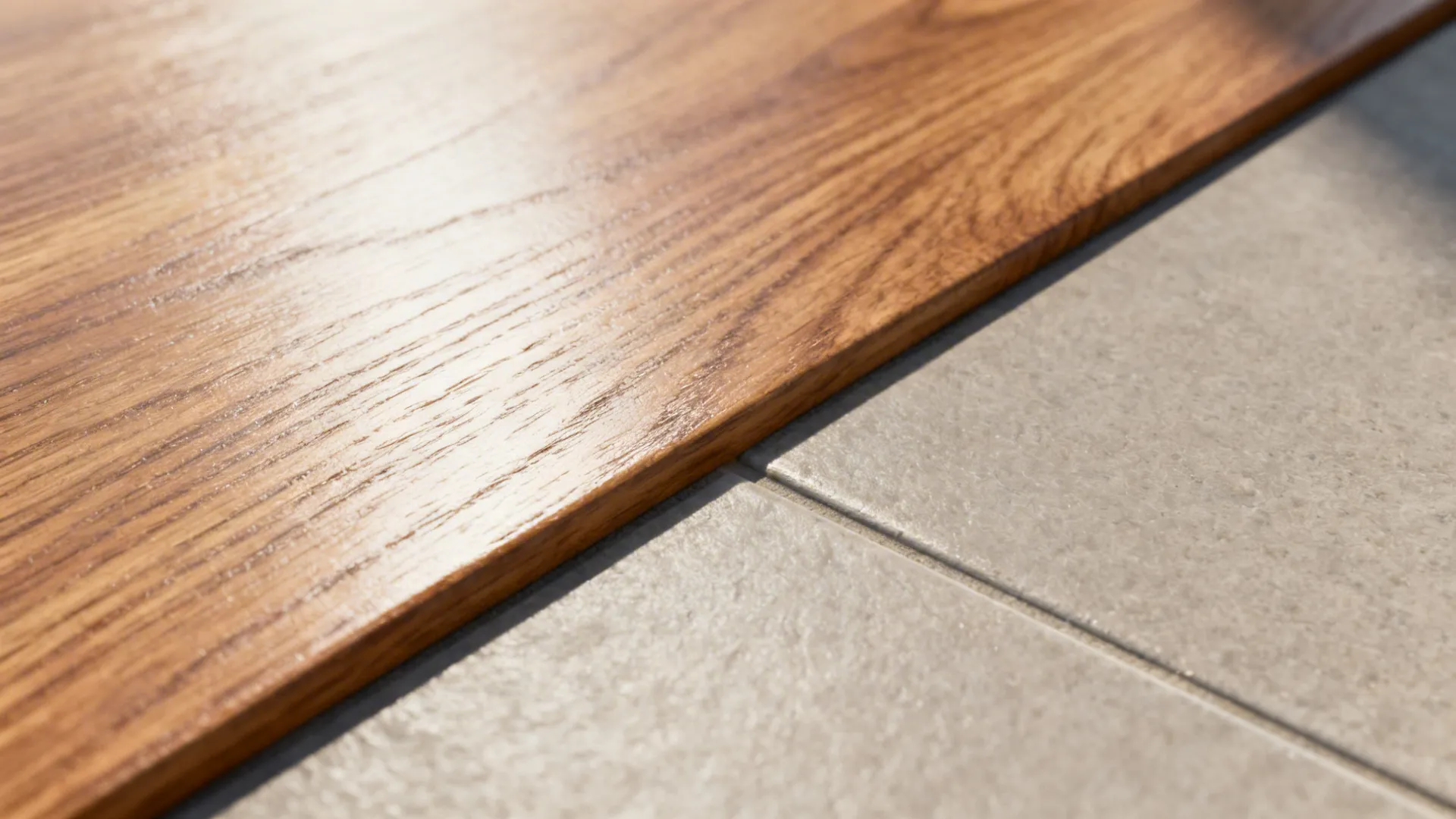 Macro of sealed oak veneer grain beside a matte stone tile surface.