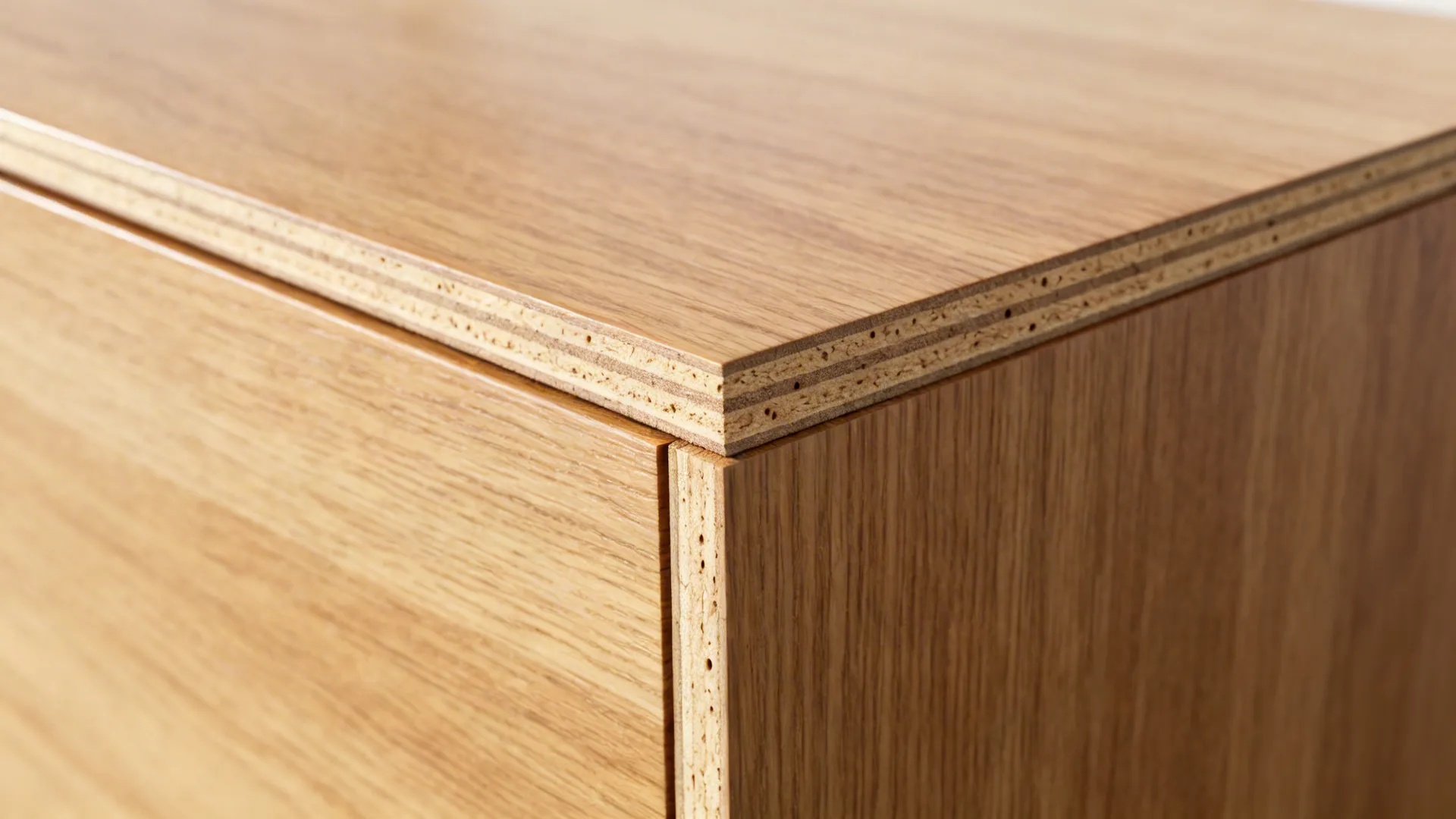 Close-up of quarter-sawn white oak veneer on a plywood door with clean edge banding.