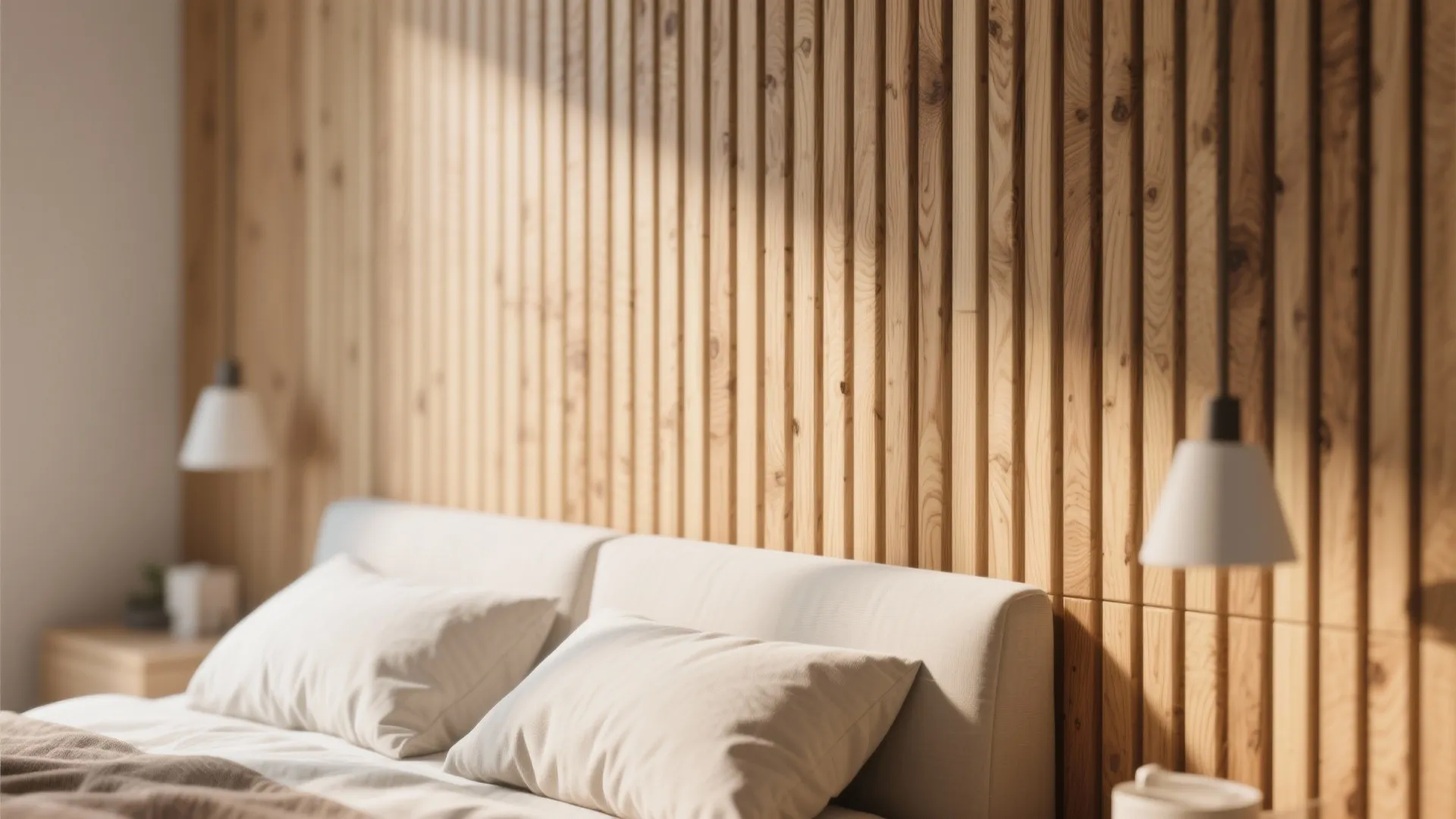 Vertical oak slat wall panels adding depth to a bedroom