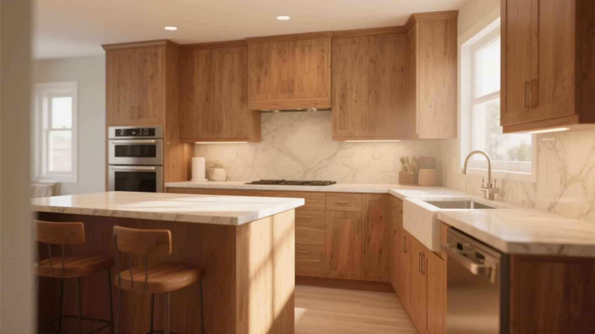 Warm wood kitchen cabinets with white marble countertop sink and island in a bright room