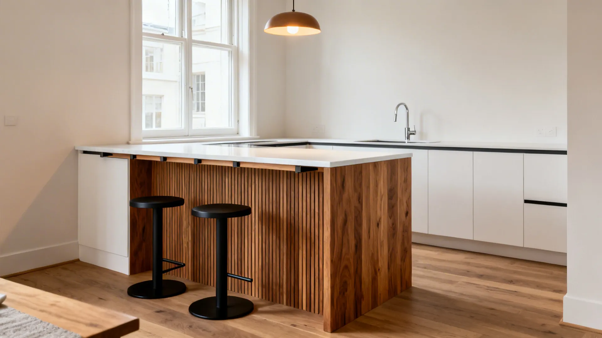 Compact kitchen with rift-cut oak waterfall peninsula and white quartz top in a white-and-wood scheme.