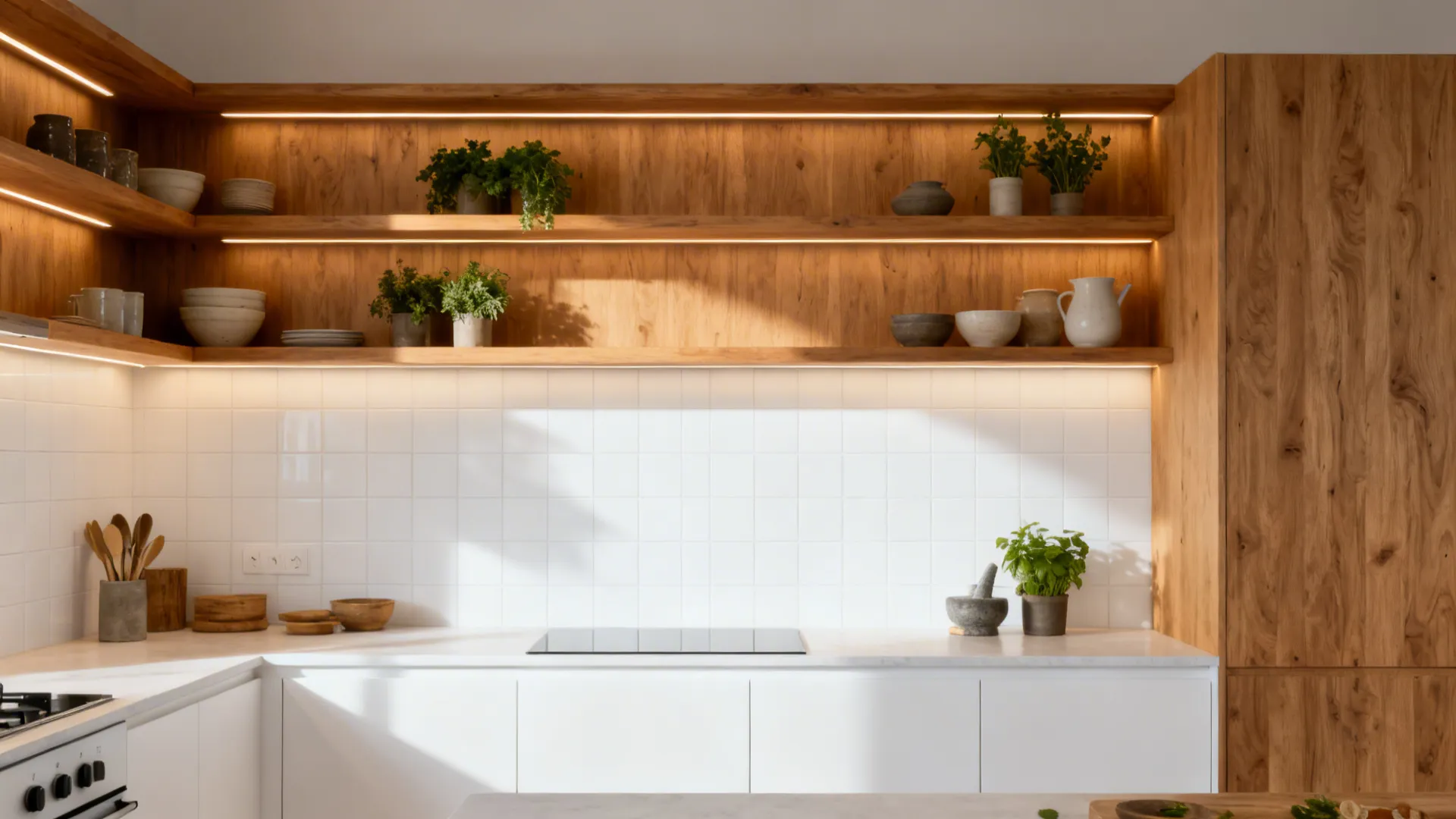 Warm Oak Accents + White Backsplash