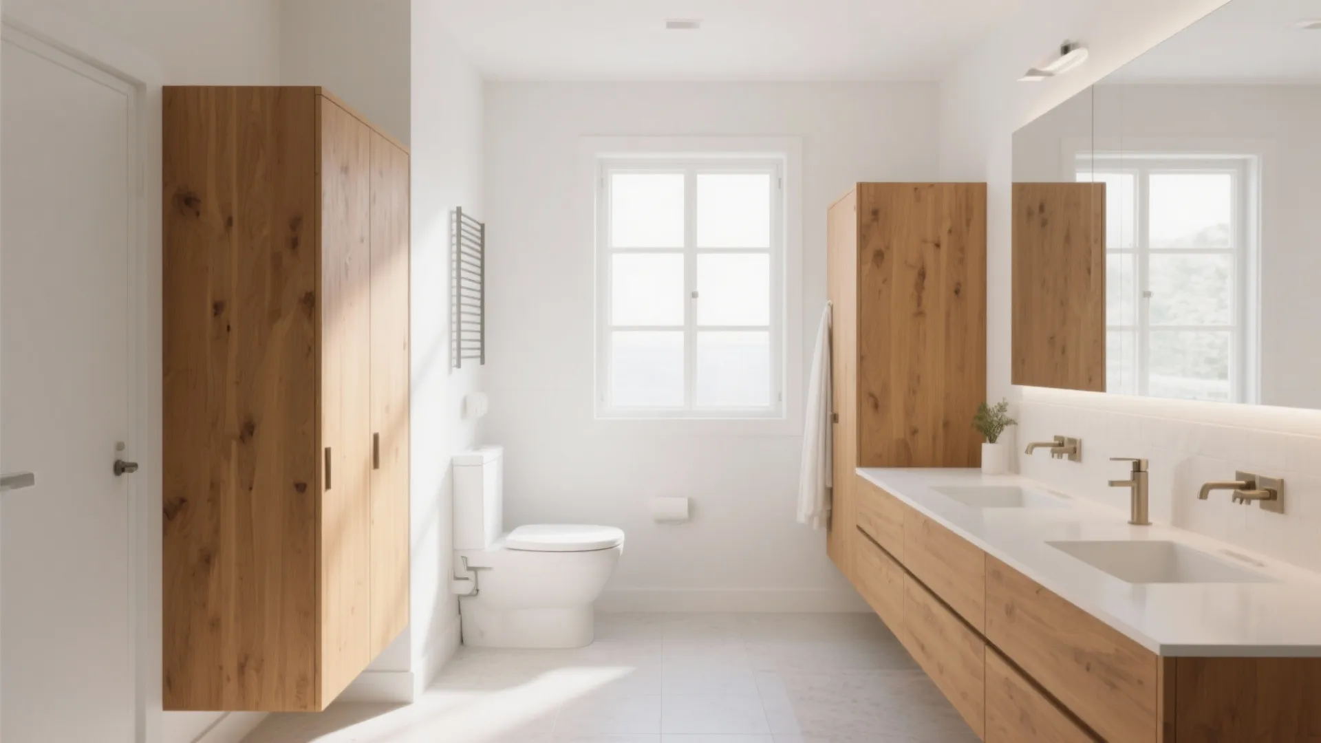 Bright modern bathroom featuring oak wood cabinets white walls double sink vanity and white toilet
