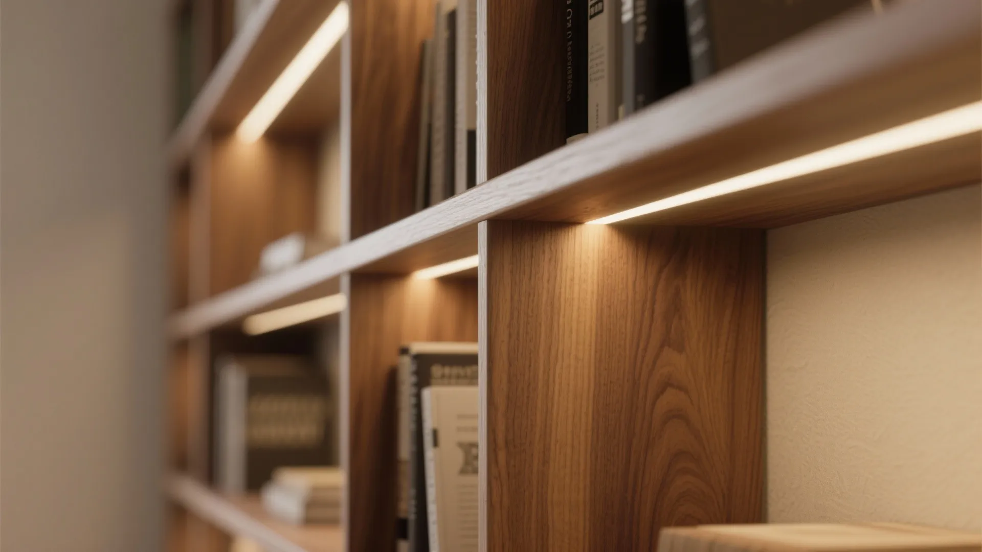 Close up of wooden wall cabinet shelves with warm light fixture strips and organized books