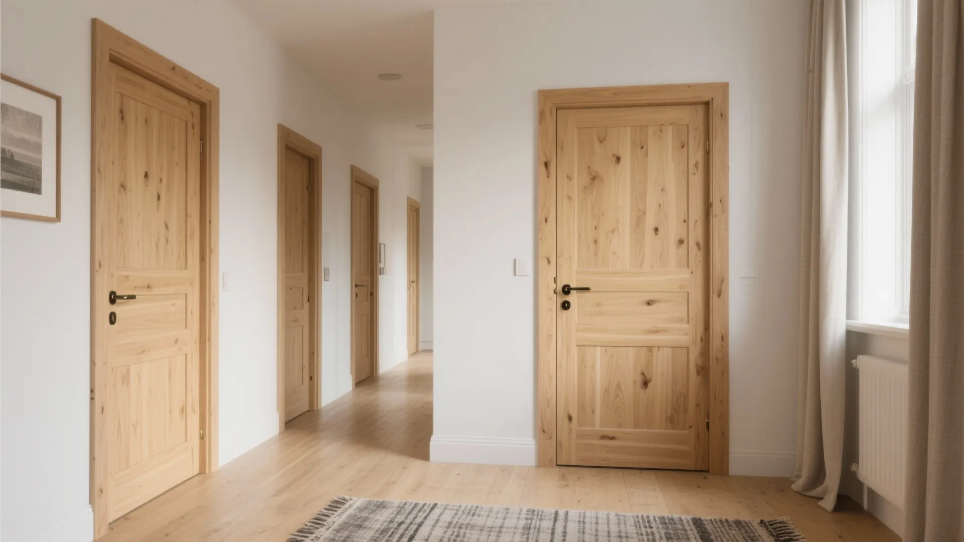 Bright hallway with multiple light oak wood doors white walls light wood floors and natural light
