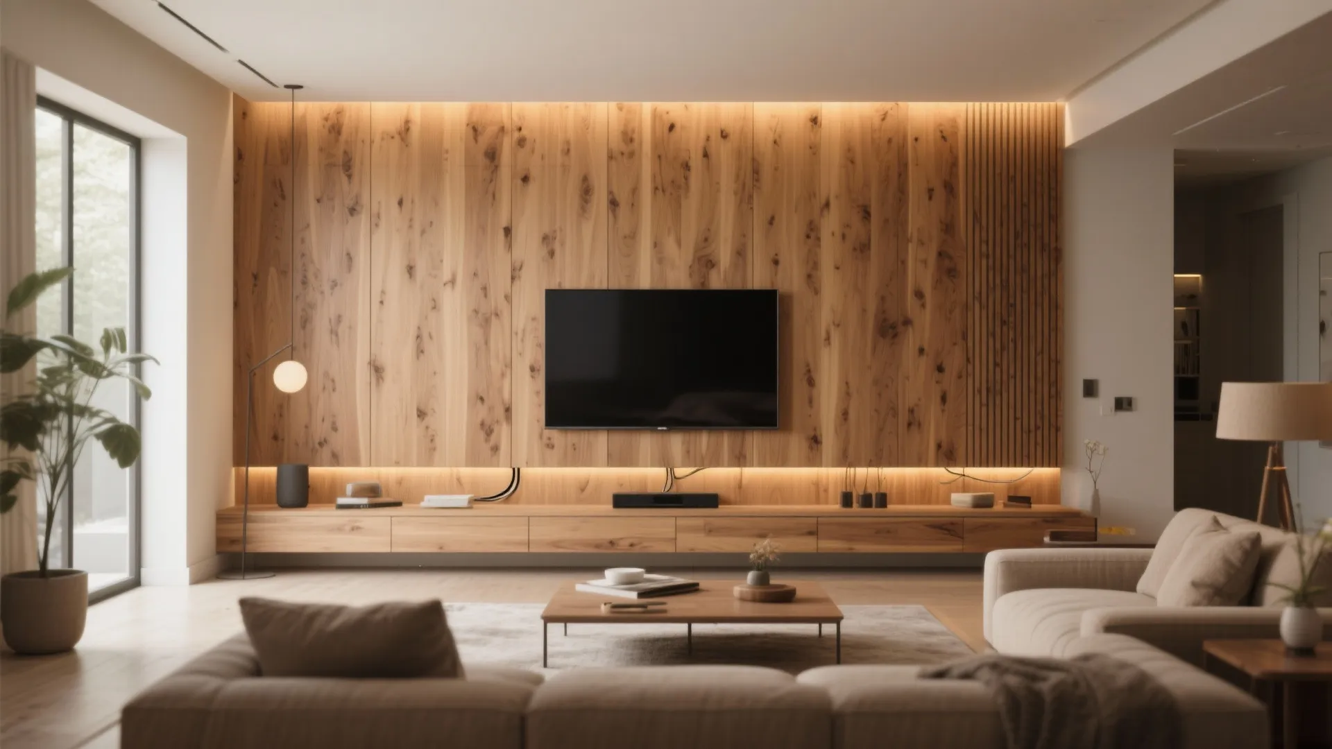 Warm living room with television on oak wood wall panel hidden light fixture and cabinet