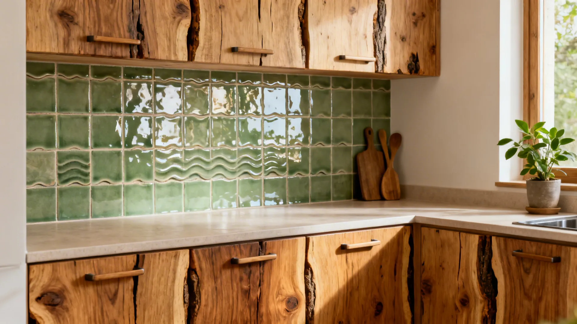 Natural oak slab fronts + zellige-style handmade tiles