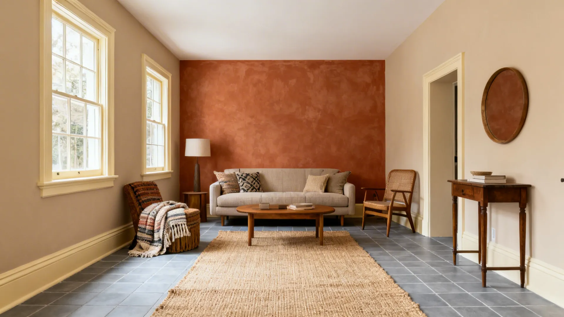 Oatmeal beige living room with terracotta feature wall and cream window trim, styled with a jute rug.