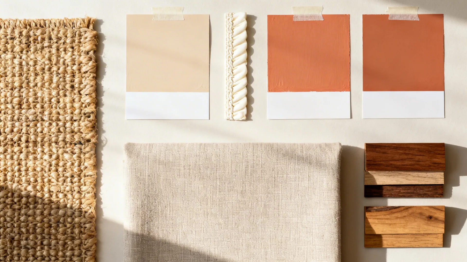 Flatlay of oatmeal and terracotta paint swatches with cream trim, jute rug, and wood finishes.