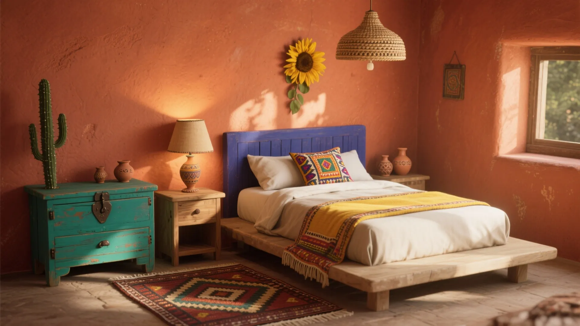 Bohemian bedroom featuring orange walls blue headboard yellow blanket patterned rug and a small green cactus