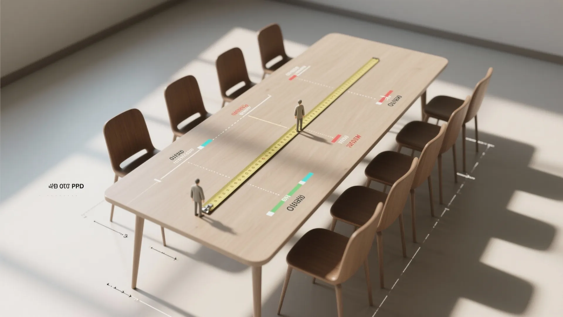 Top-down photographic illustration showing recommended clearances and seating spacing for a narrow oblong dining table.