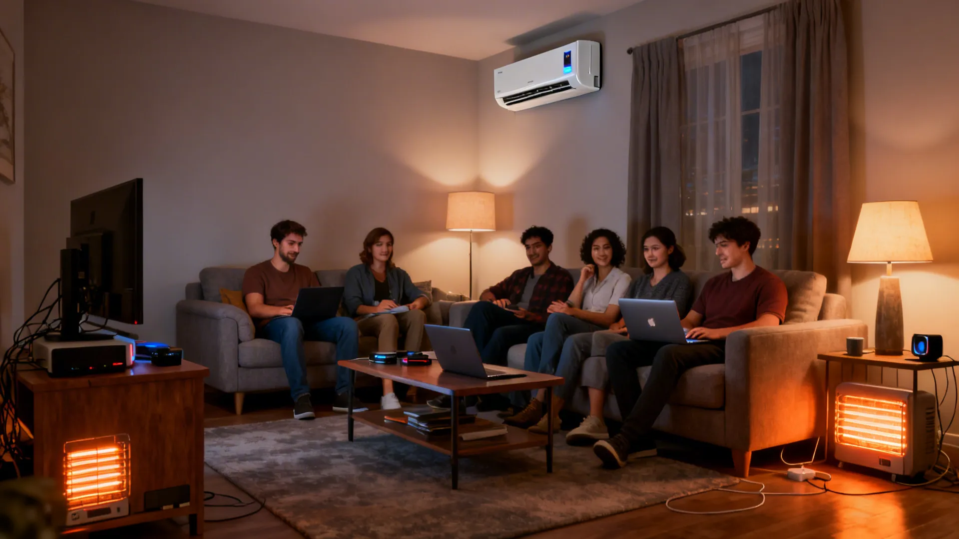 Mid-size living room hosting 4–6 people with electronics, showing extra heat sources and AC placement.