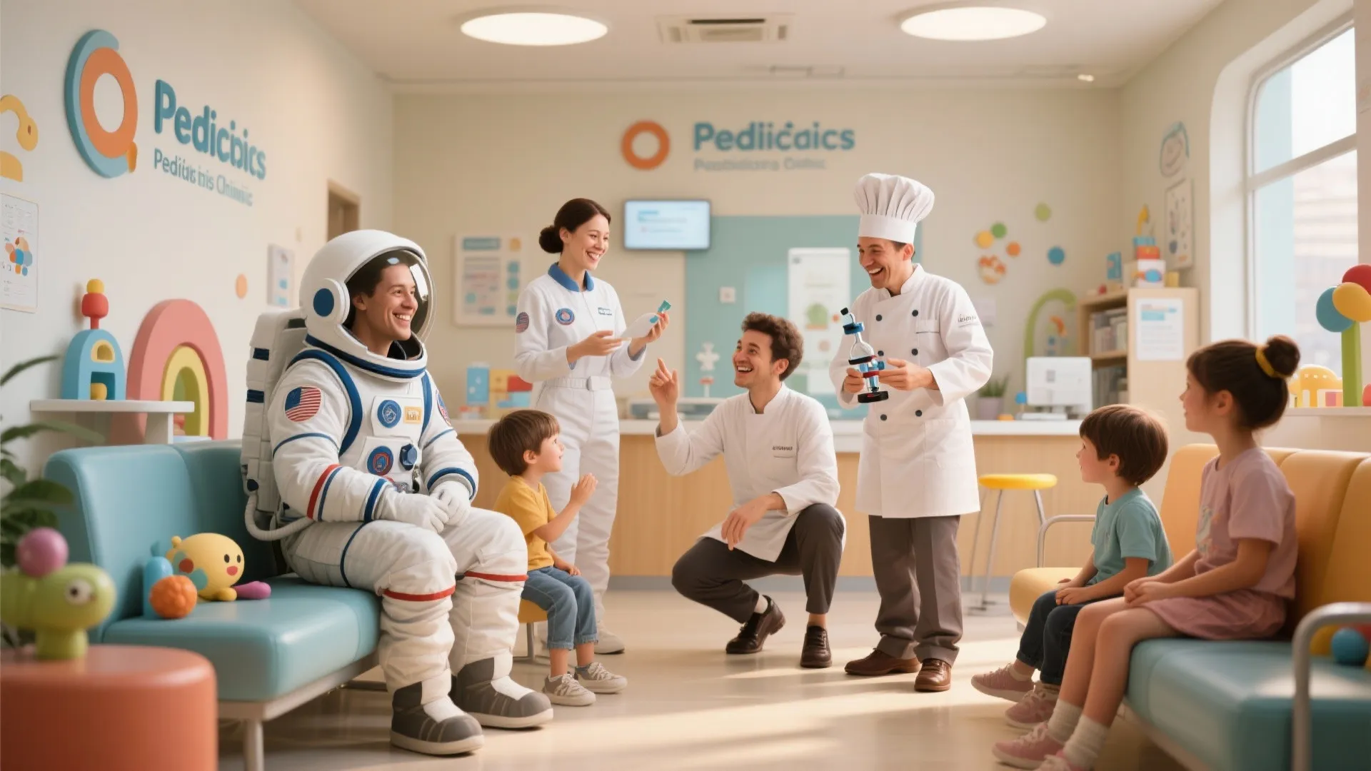 Children play in clinic waiting area with adults dressed as an astronaut and a chef