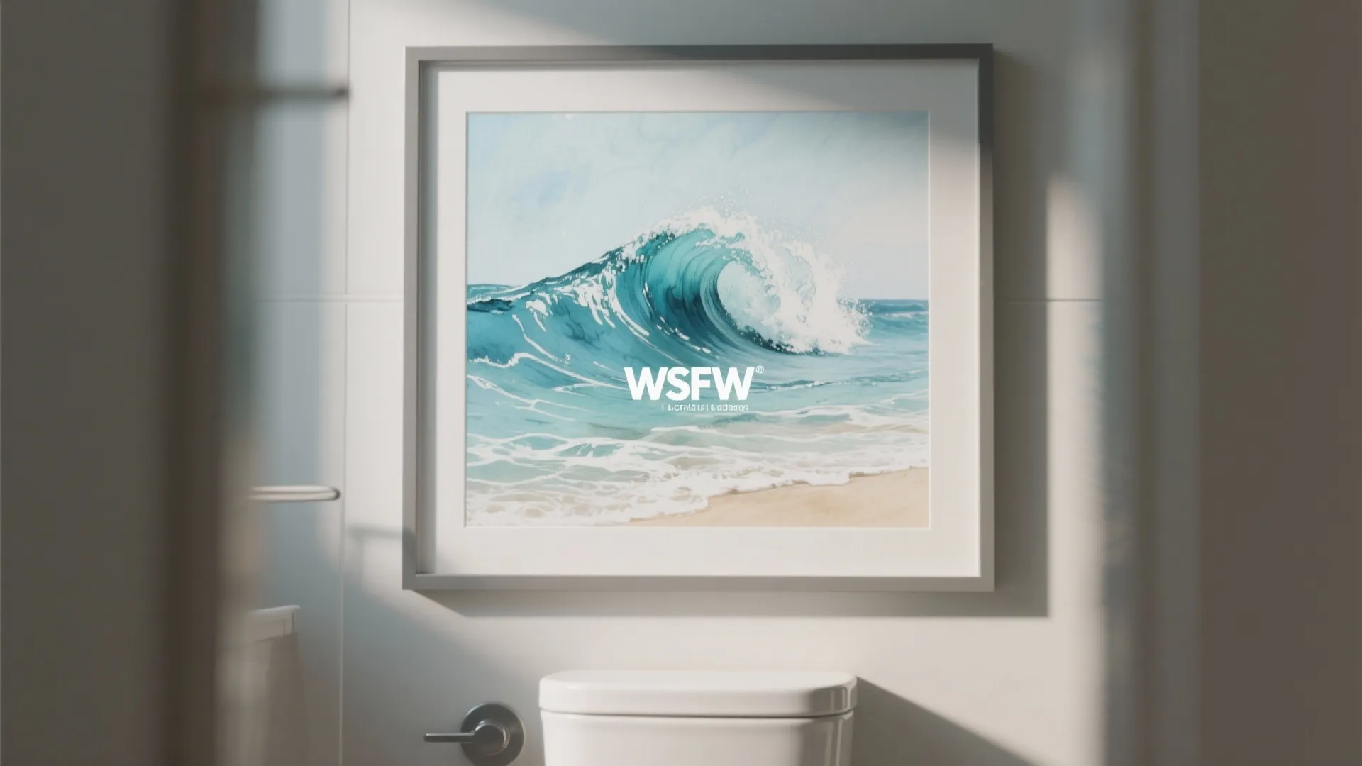Ocean-inspired watercolor prints framed above a bathroom toilet.