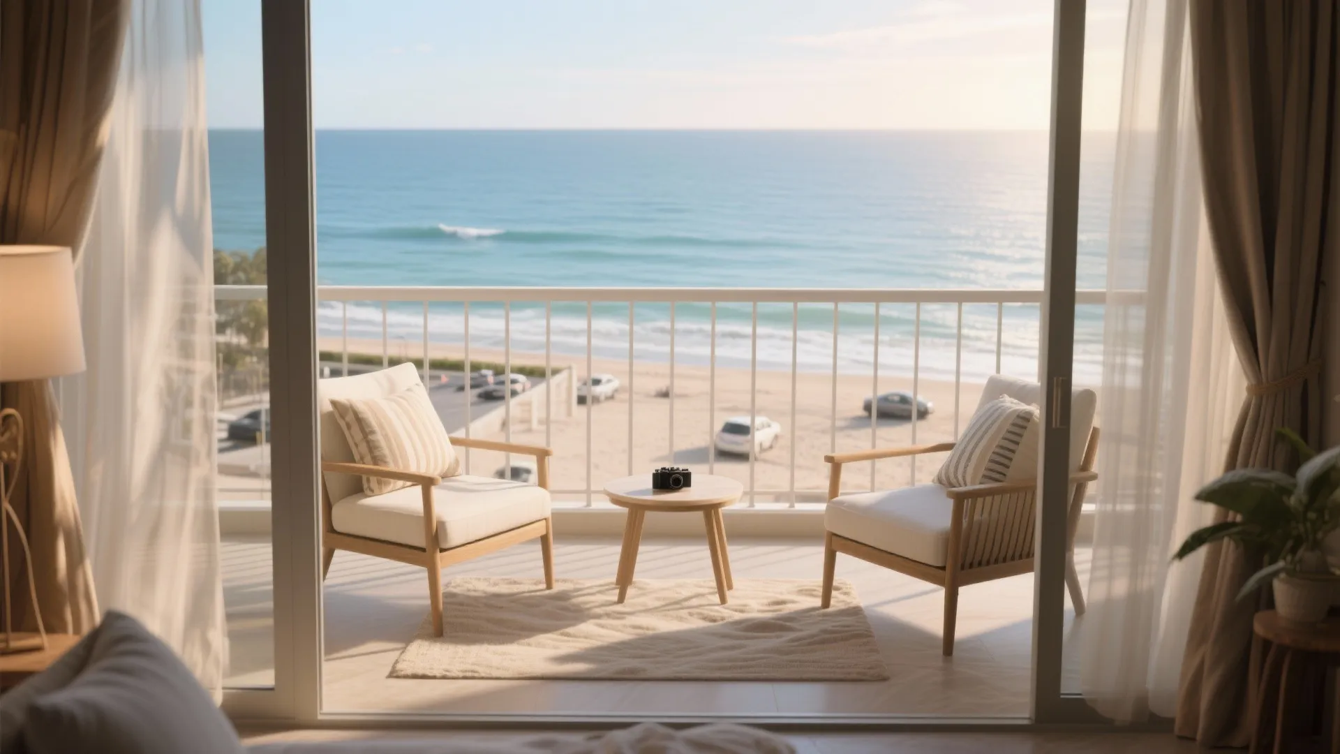 Balcony with two wooden chairs and a small table overlooking the blue ocean and beach