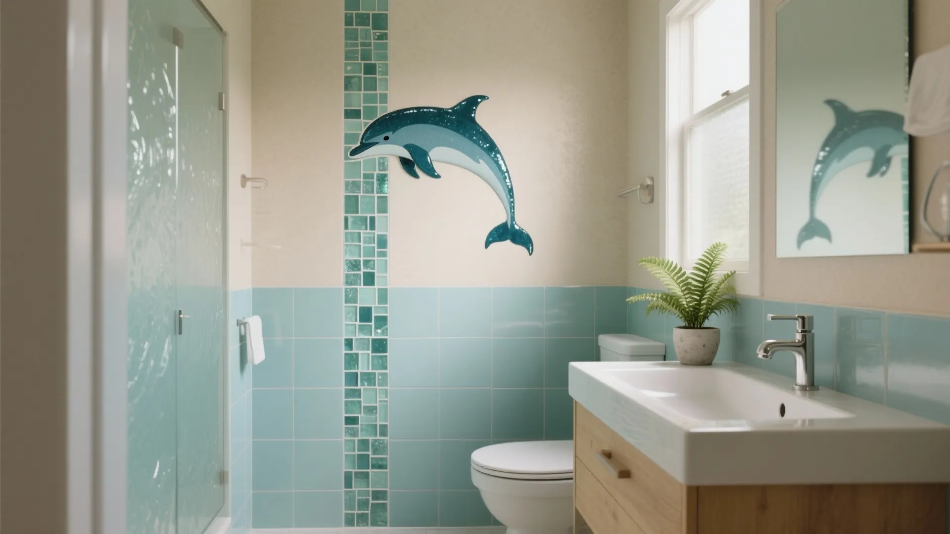 Bright bathroom featuring blue wall tiles, dolphin wall art, white sink, wooden cabinet, and toilet