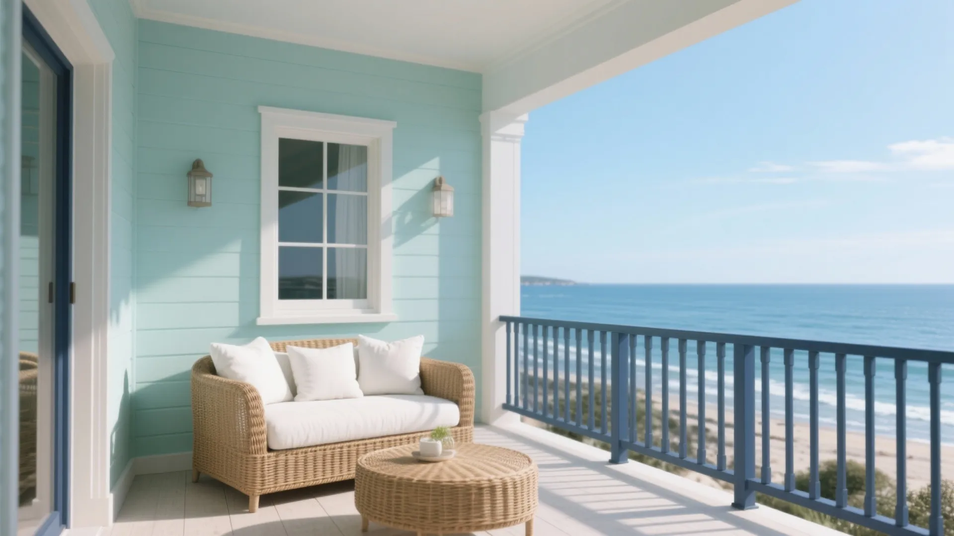 Light blue balcony overlooking the ocean with wicker sofa, white cushions, and round coffee table