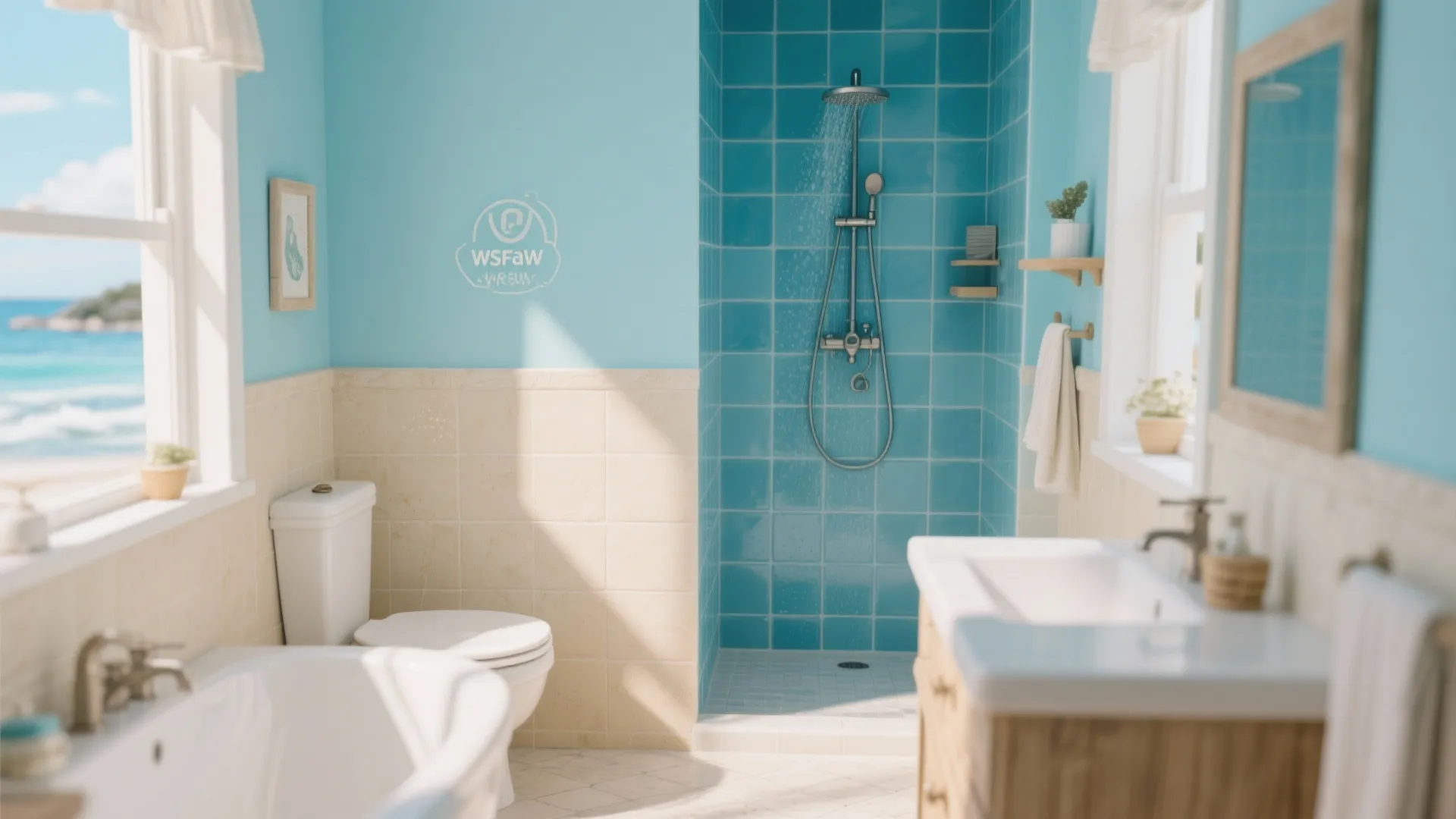 Bright bathroom featuring blue shower tiles, white bathtub, toilet, wooden cabinet, and clear ocean view