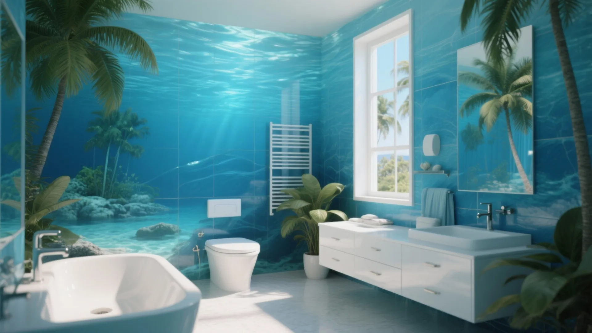 Modern bathroom with blue underwater ocean mural white vanity cabinet toilet bathtub and green plants