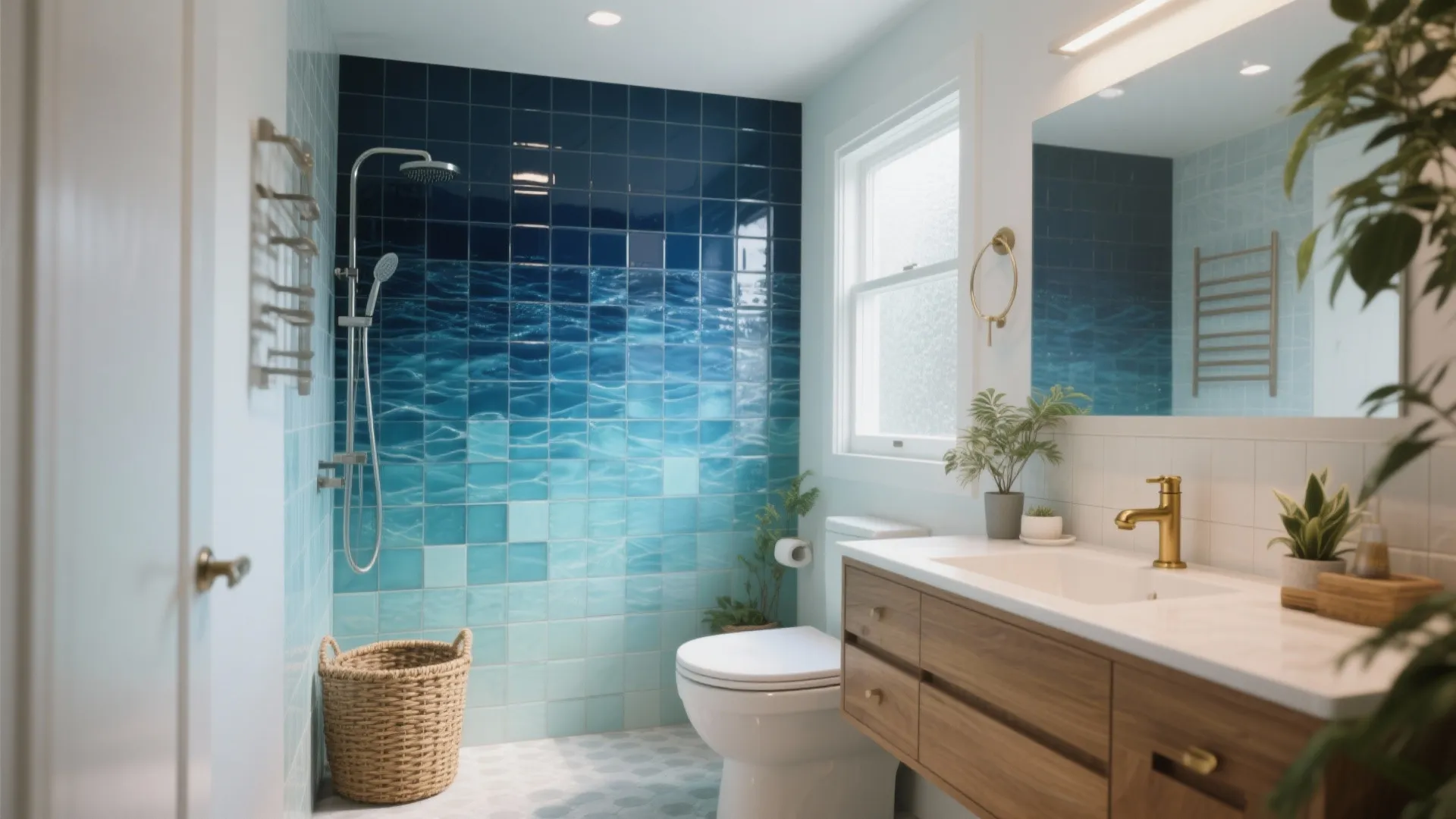 Bright bathroom featuring ocean wave pattern tiles wooden vanity gold faucet shower and small plants