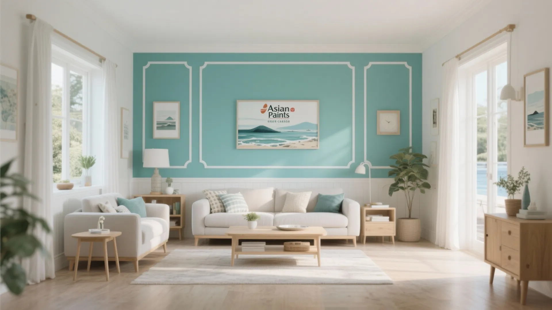 Bright living room with blue accent wall white sofa wooden coffee table and white curtains