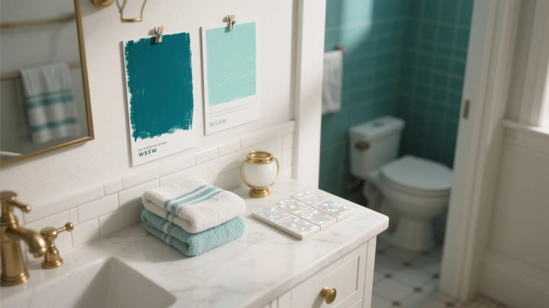 White bathroom cabinet with blue color samples towels and small tiles on a marble top