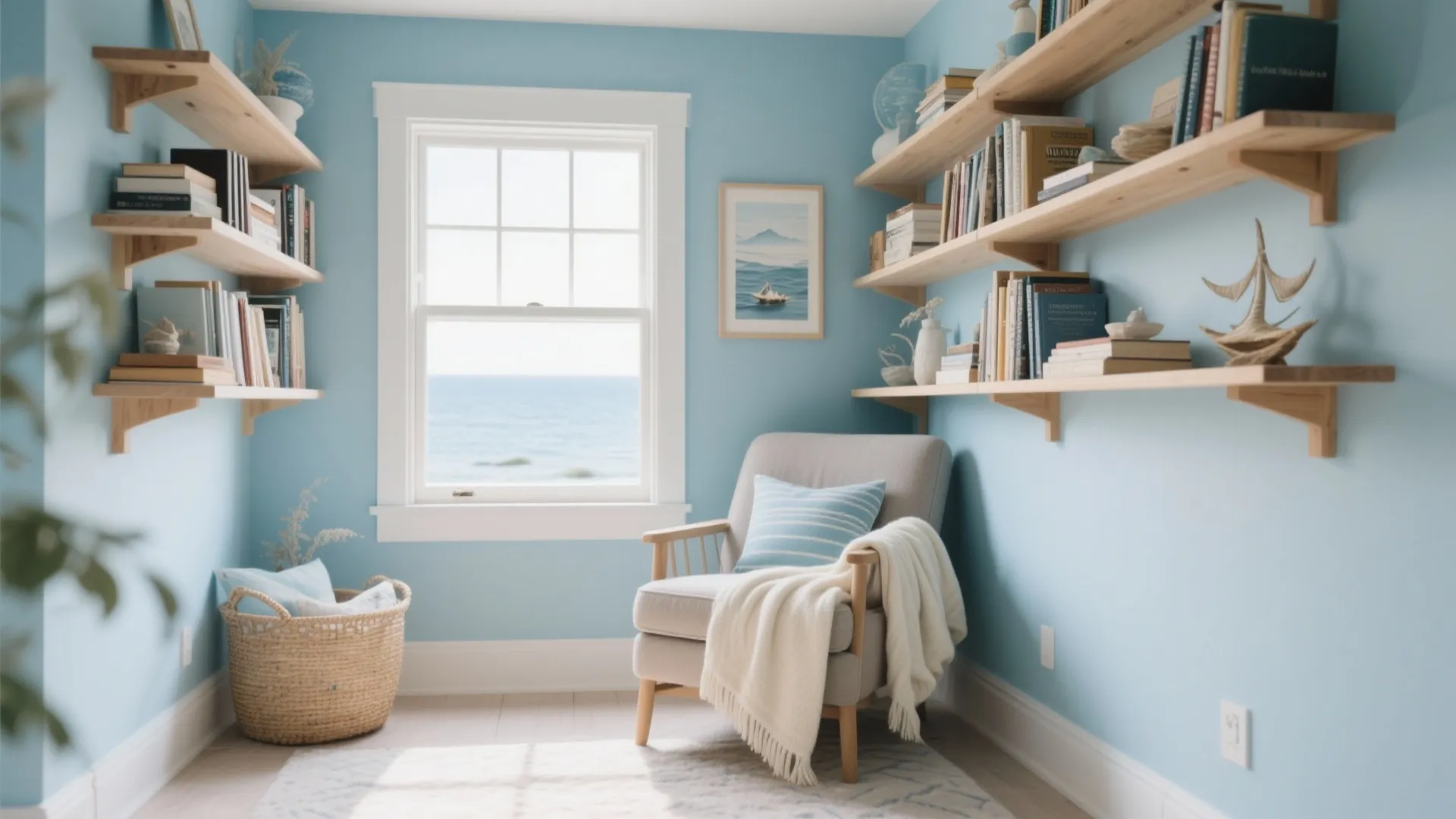 Cozy reading nook with light blue walls wooden wall shelves comfortable armchair and large window view