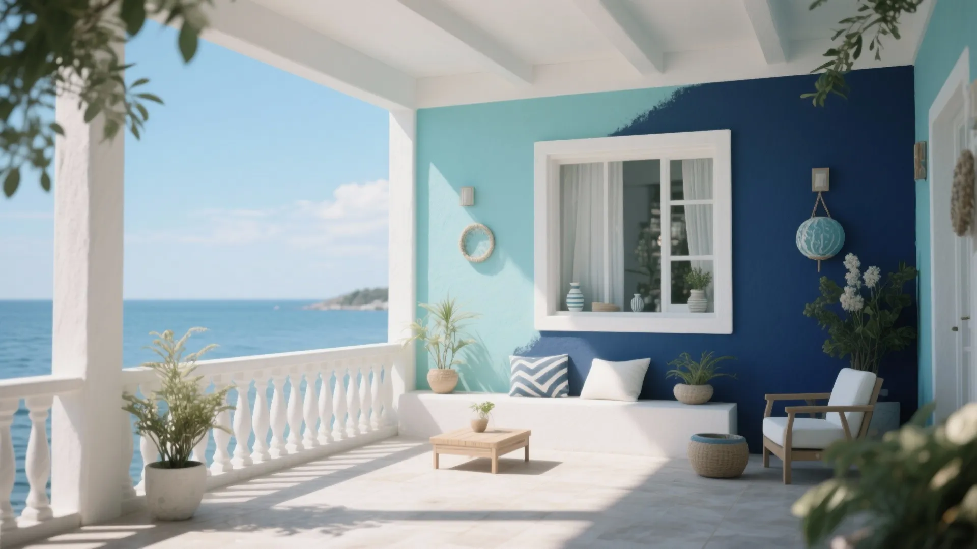 Mediterranean terrace overlooking the sea with blue walls white furniture wooden table and green plants