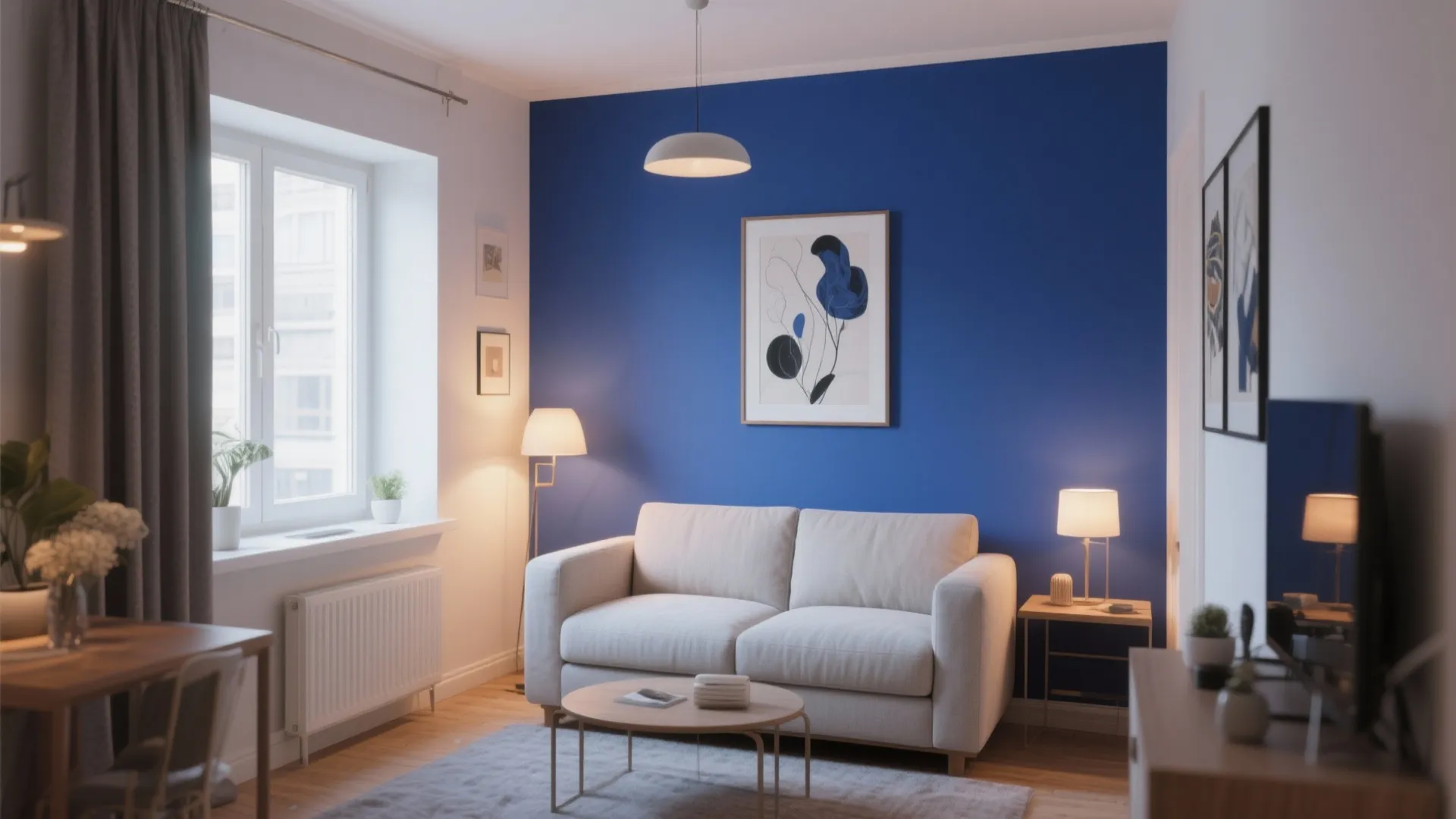 Modern living room with blue accent wall, white sofa, round table, rug, and ceiling light