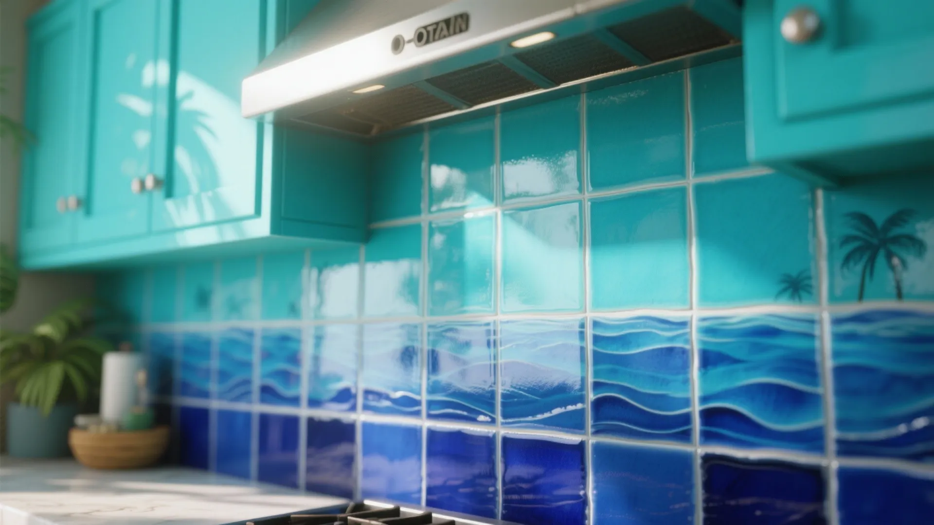 Close up of blue wave pattern wall tiles under a silver kitchen vent and blue cabinets