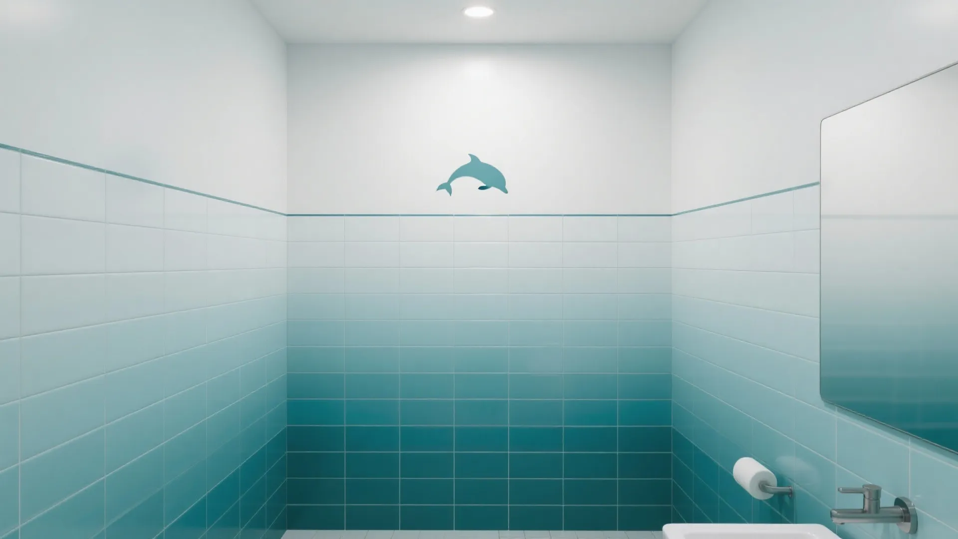 Modern bathroom walls with blue gradient tiles and a small blue dolphin sticker for decoration