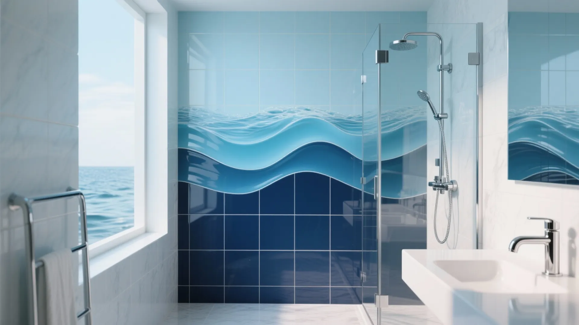 Bright bathroom featuring blue ocean wave tiles with glass shower door and sea view window