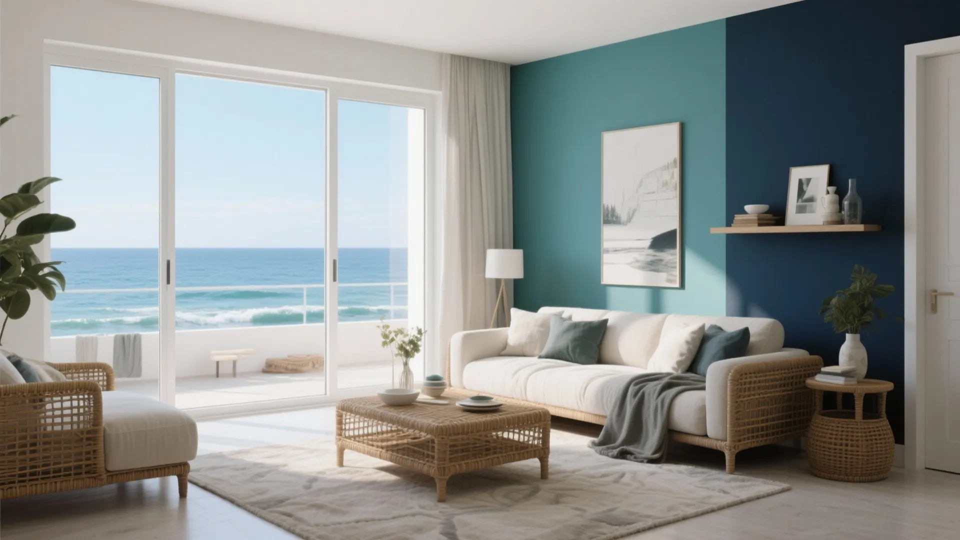 Bright coastal living room featuring blue accent wall wicker furniture white sofa and large sliding windows