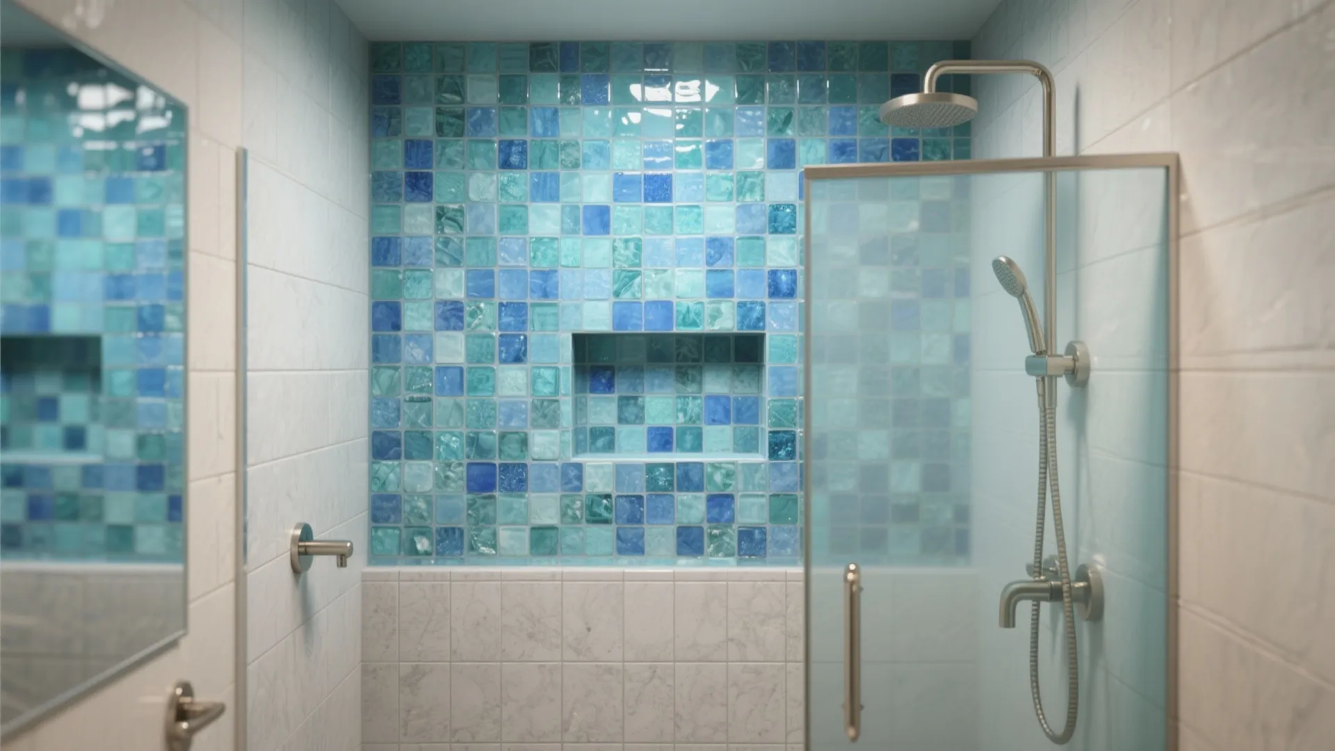 Ocean-inspired blue glass mosaic accent wall in a compact shower with brushed nickel fixtures.