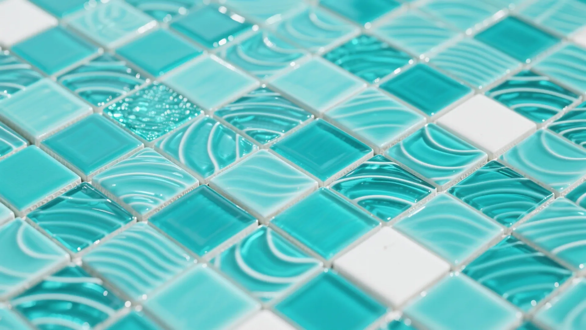 Close up view of blue and white square wall tiles with wavy patterns for bathroom design