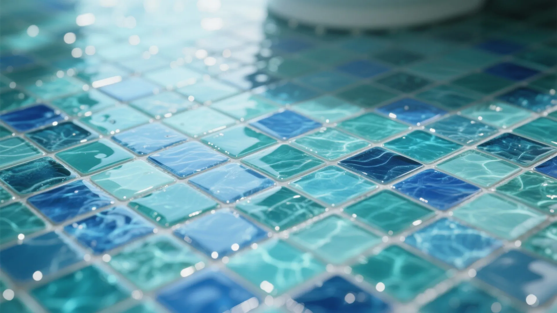 Close up of blue and turquoise glass mosaic tiles reflecting light in a bright bathroom