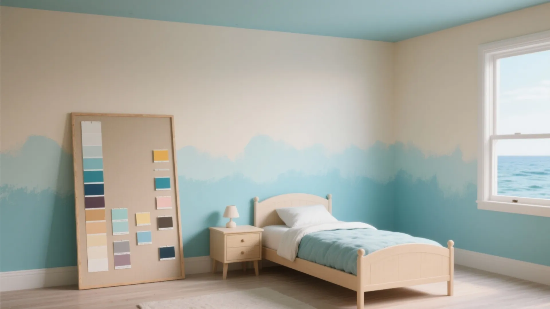 Ocean ombré wall from sandy beige to seafoam blue visually stretching a small bedroom.