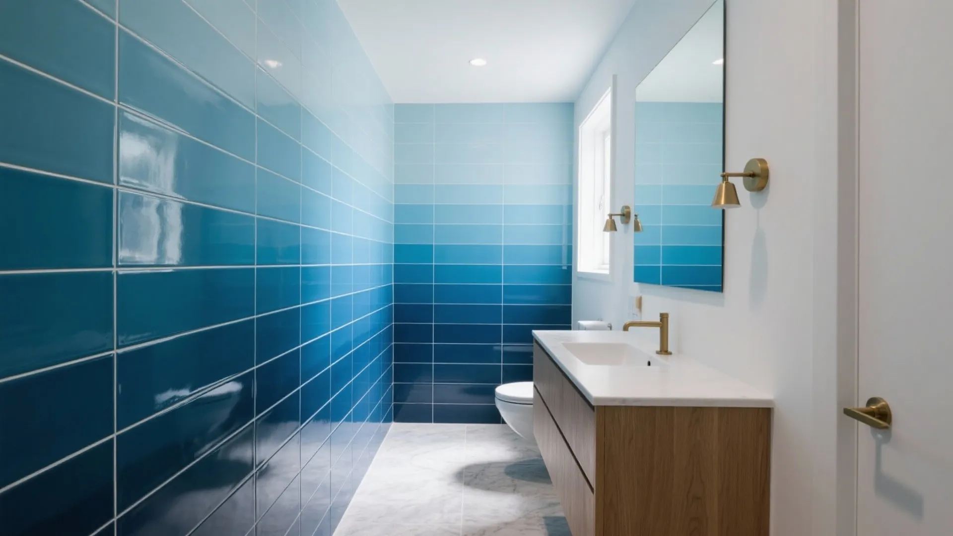 Modern bathroom with blue gradient wall tiles wooden sink cabinet white floor and gold wall light