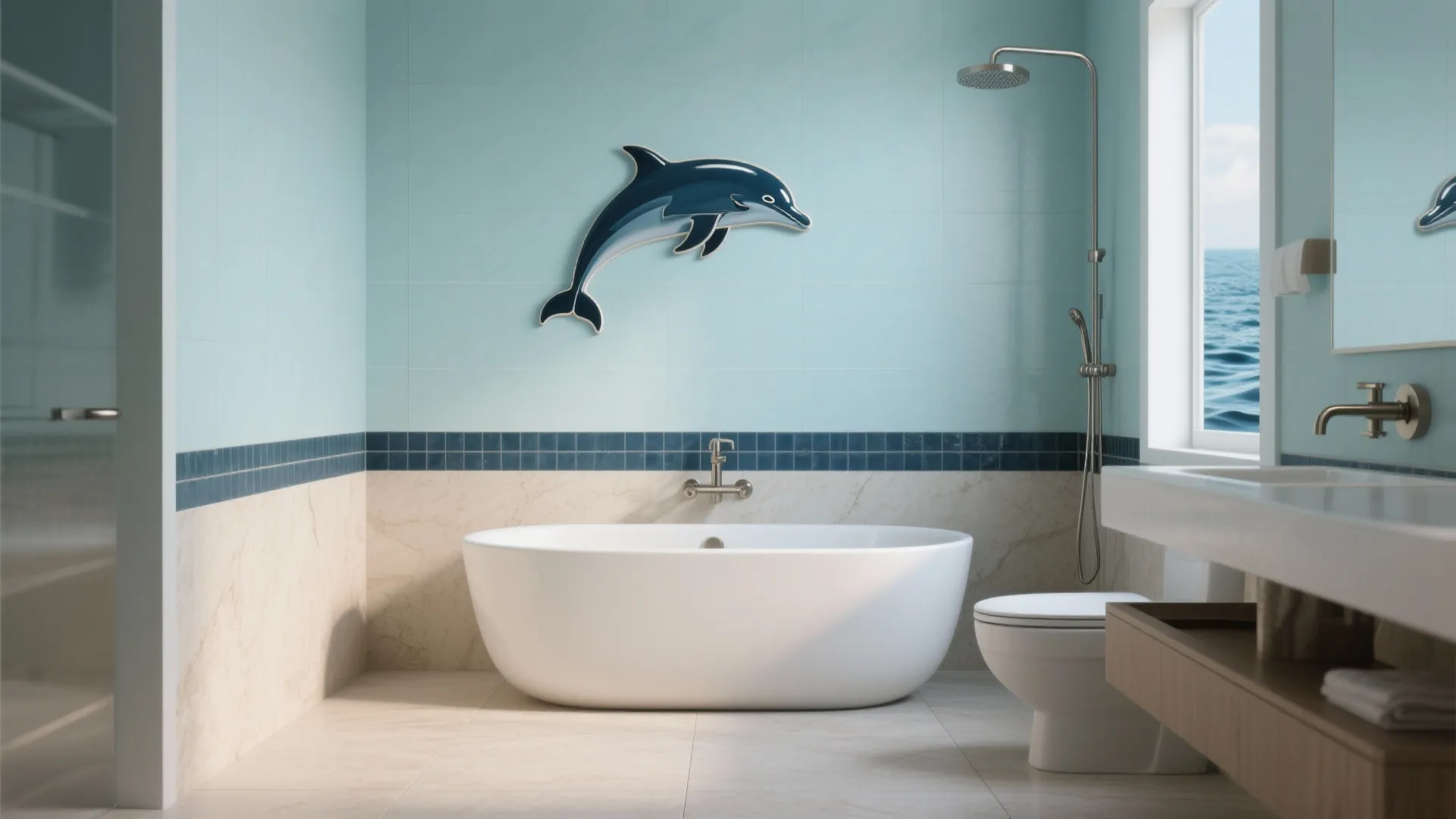 Bright modern bathroom with light blue walls dolphin art white bathtub toilet and ocean view