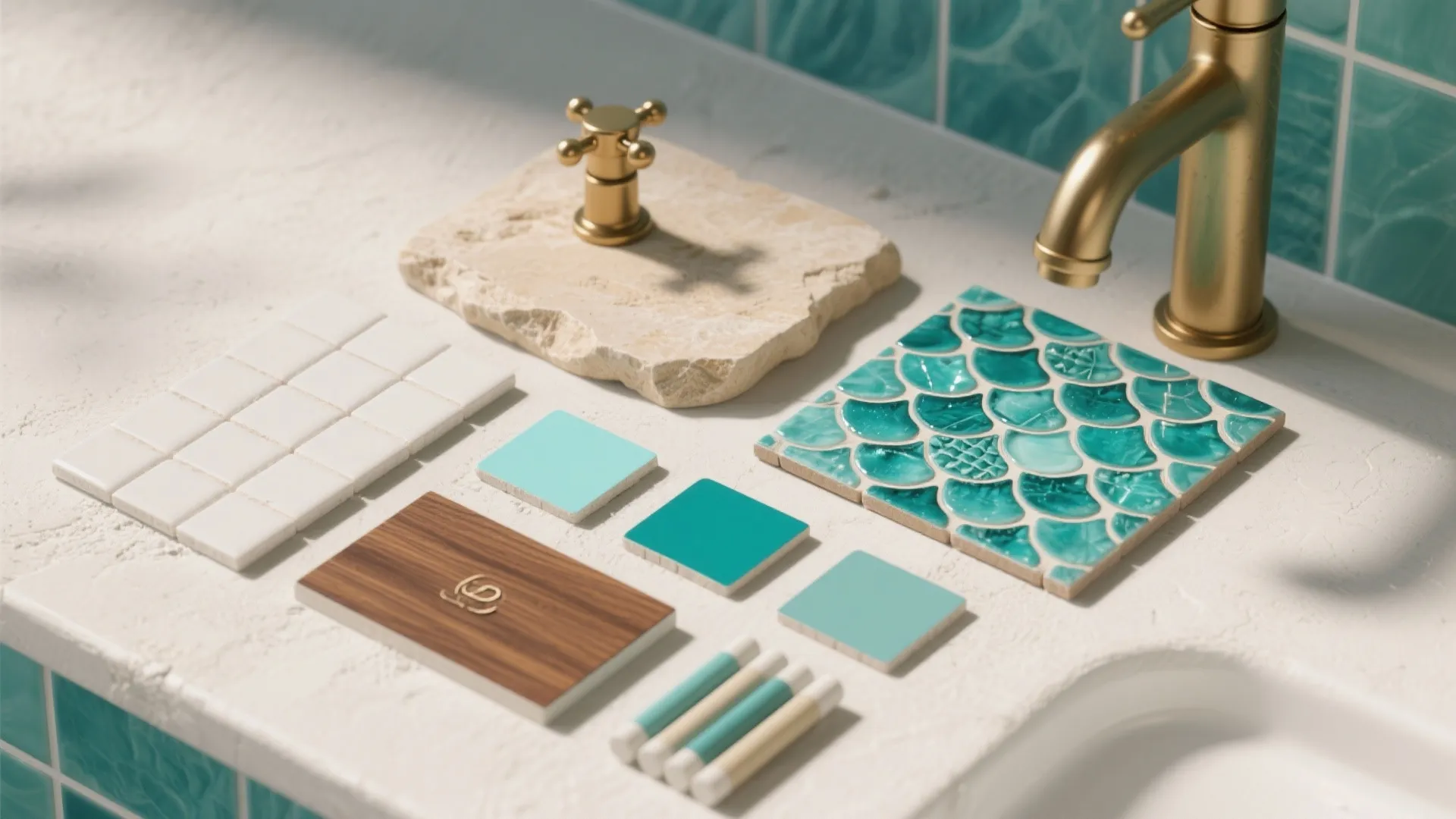 Material board with teal fish scale tiles, white tiles, wood sample, stone, and gold faucet