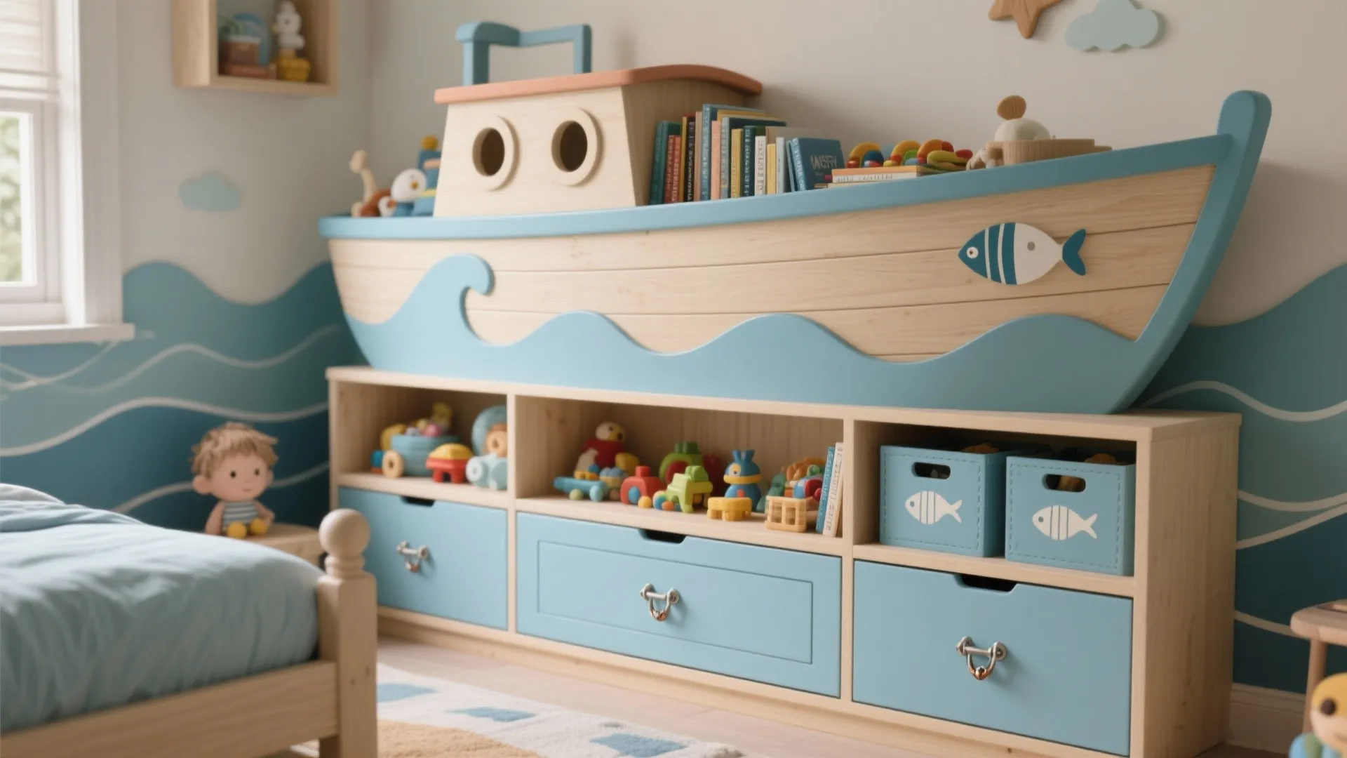Boat shaped bookshelf with toys and books above a light blue wooden storage cabinet unit