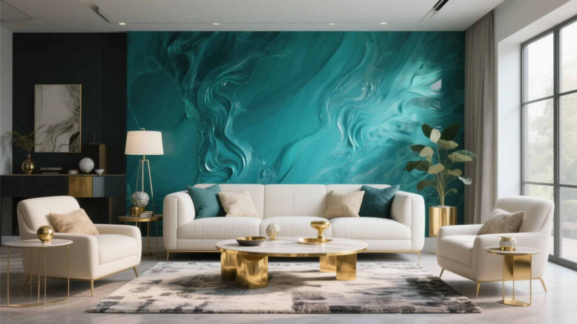 Modern living room featuring a teal textured wall white sofa marble coffee table and gold accents