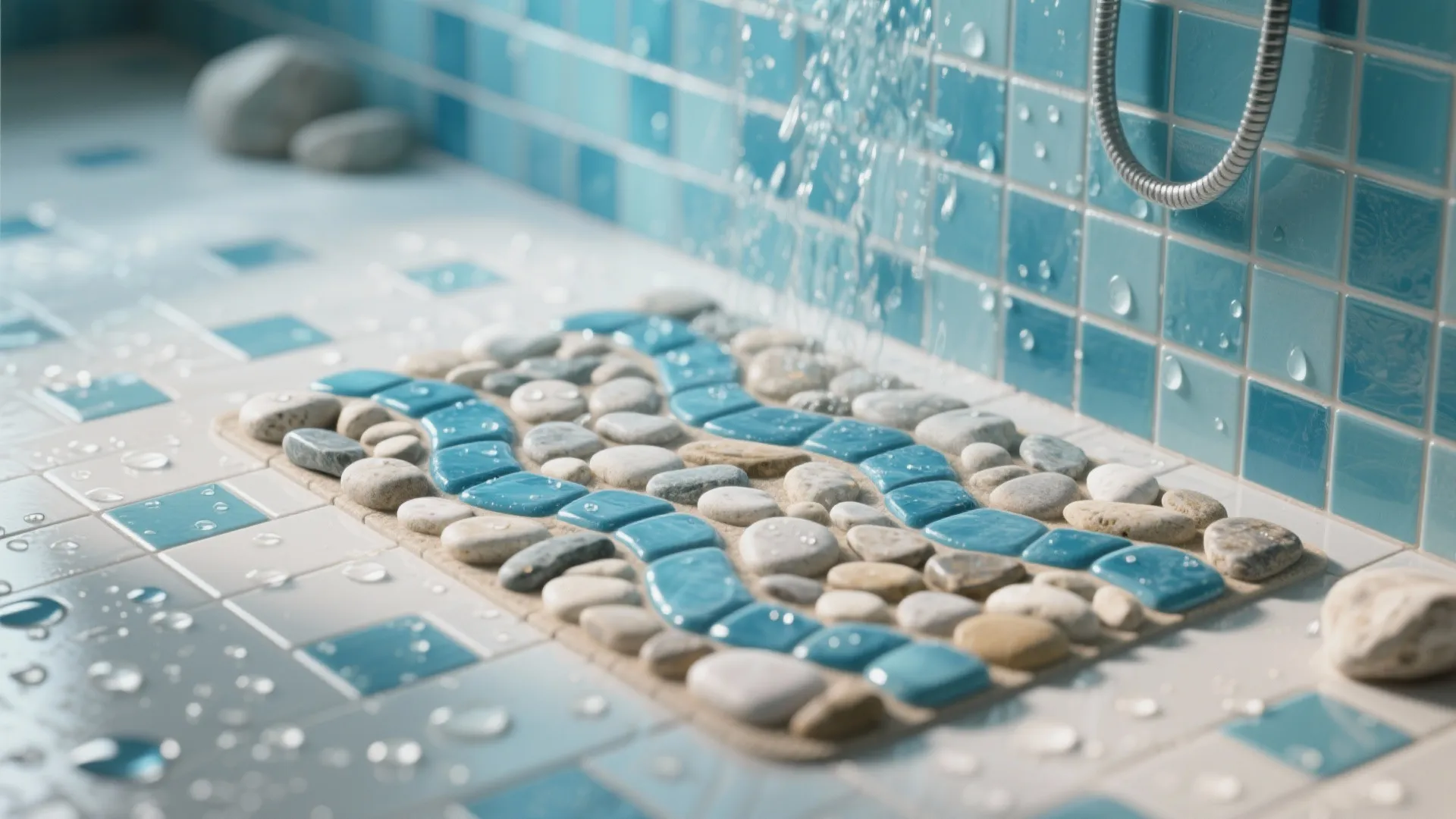 Close-up of pebble shower mat and wavy blue subway tiles with blue-tinted grout showcasing ocean textures.