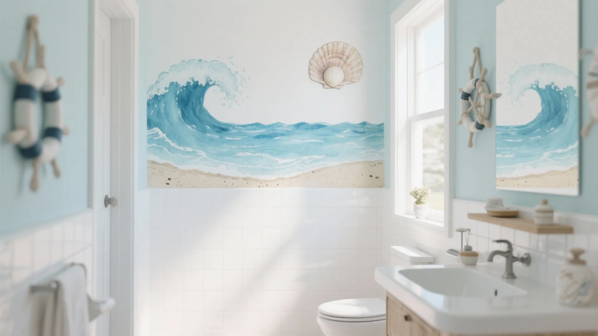 Coastal-inspired bathroom with ocean wave and shell wall decals