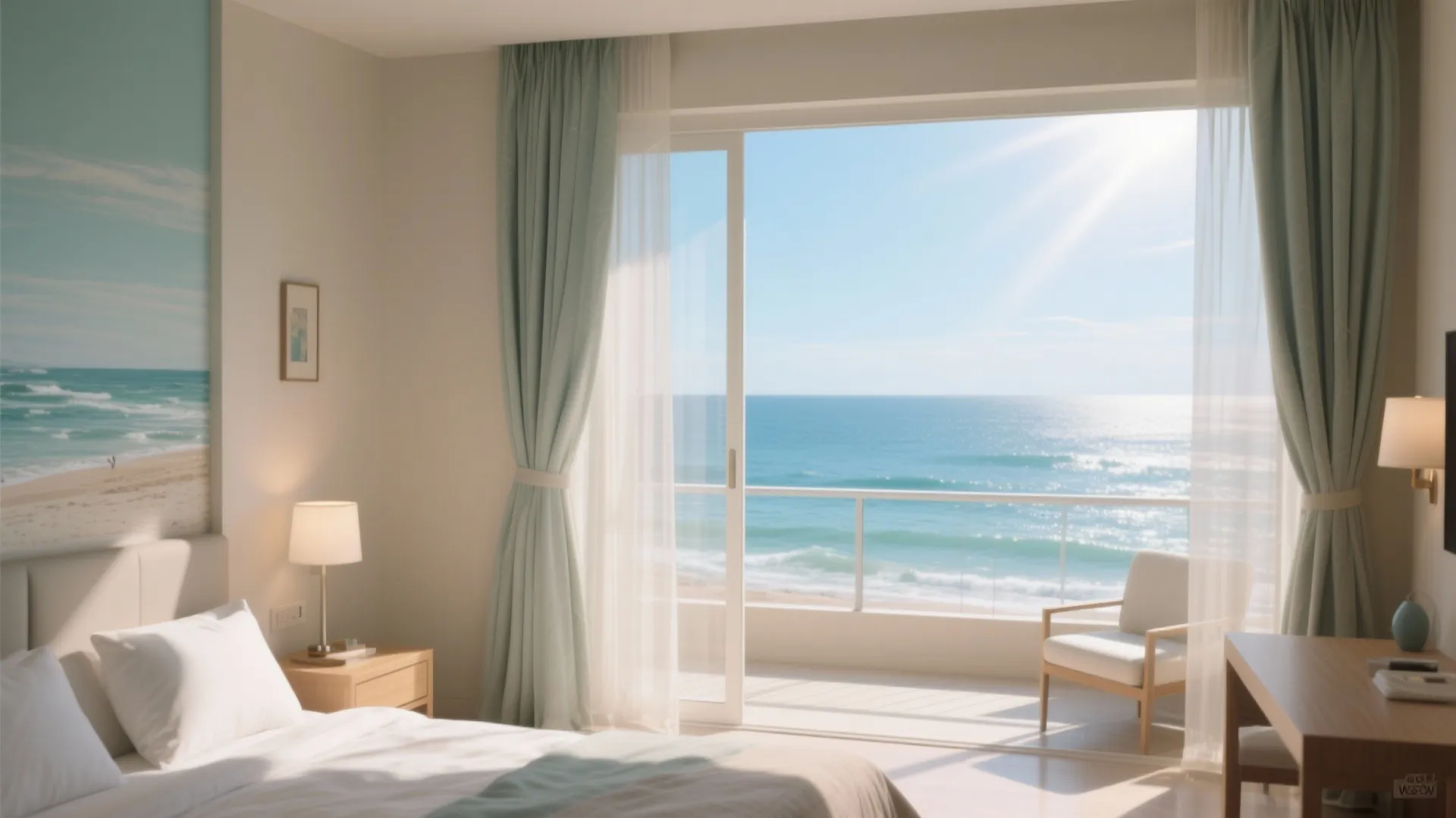 Small suite interior opening to a balcony with ocean view that visually extends the space