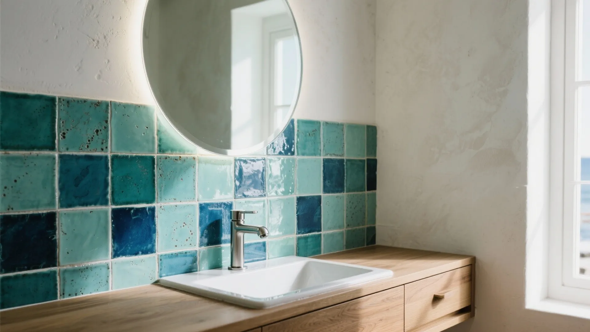 Vanity wall in sea-glass green and deep blue zellige tiles with oak and nickel accents.