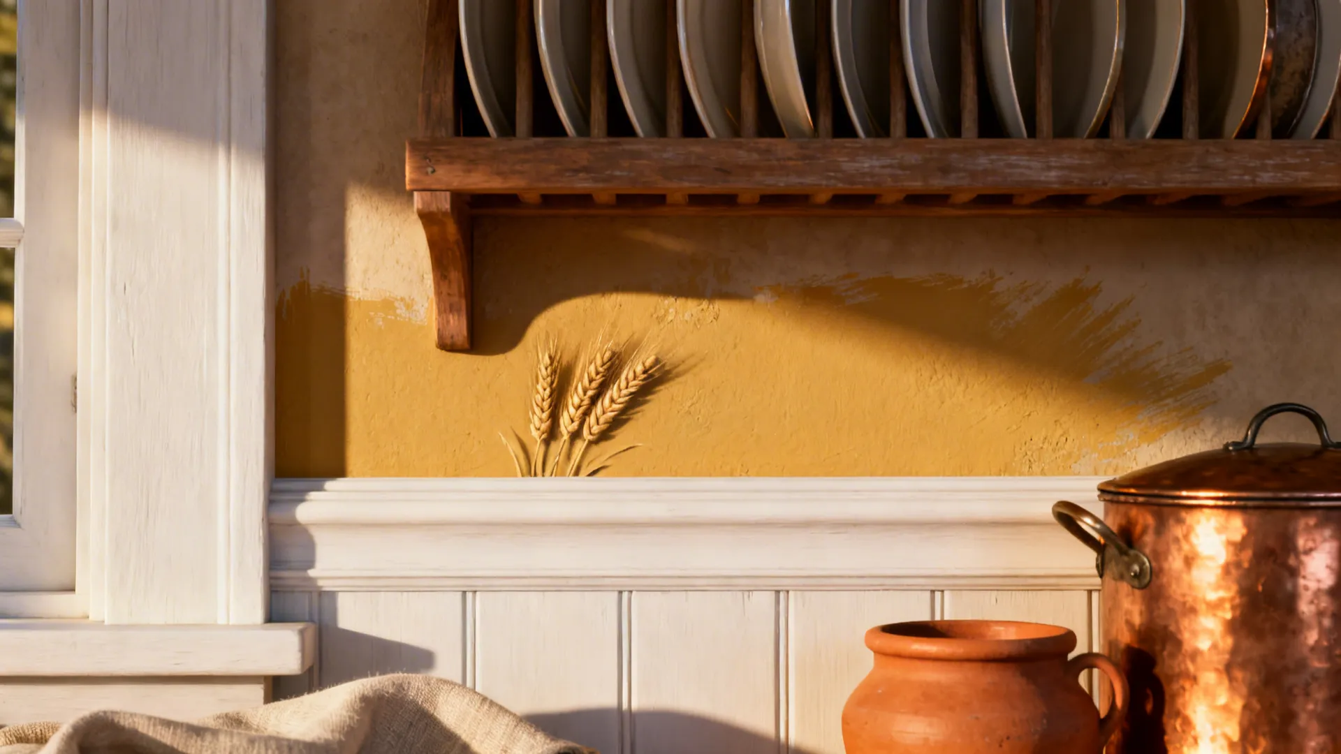Macro view of wheat ochre accent wall behind a plate rack with warm copper and terracotta.