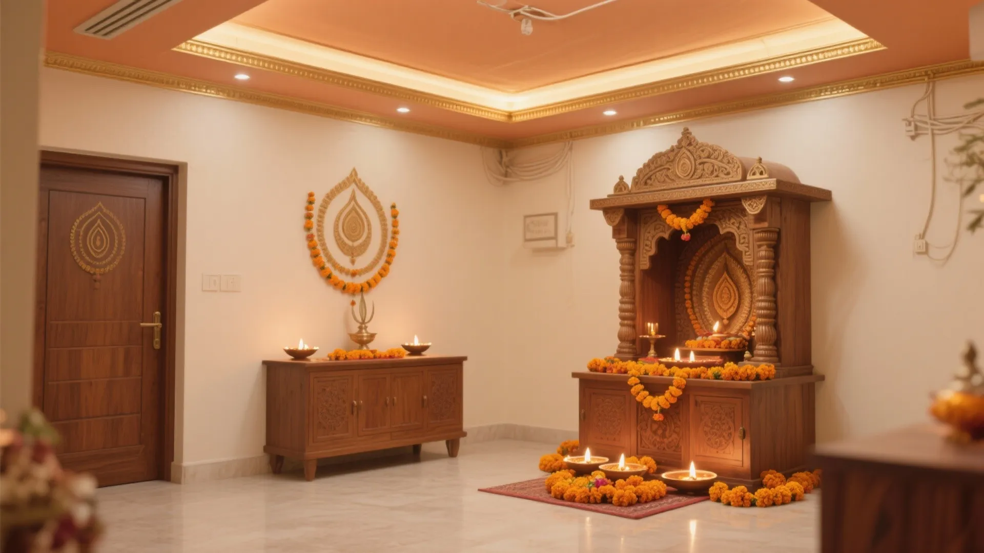 Warm prayer room with wooden cabinets decorated with orange flowers and small lights on floor